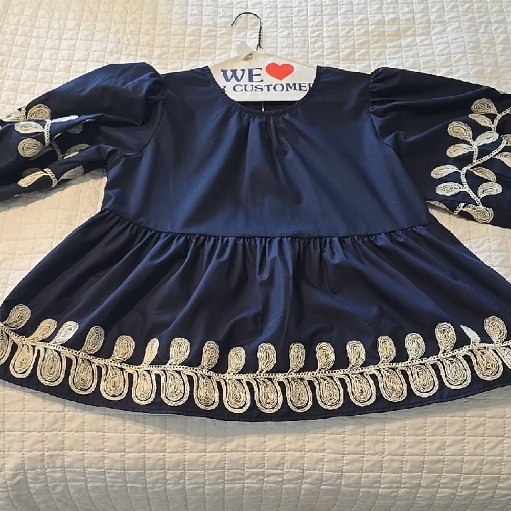 She + Sky Navy Blue Blouse with White Embroidery